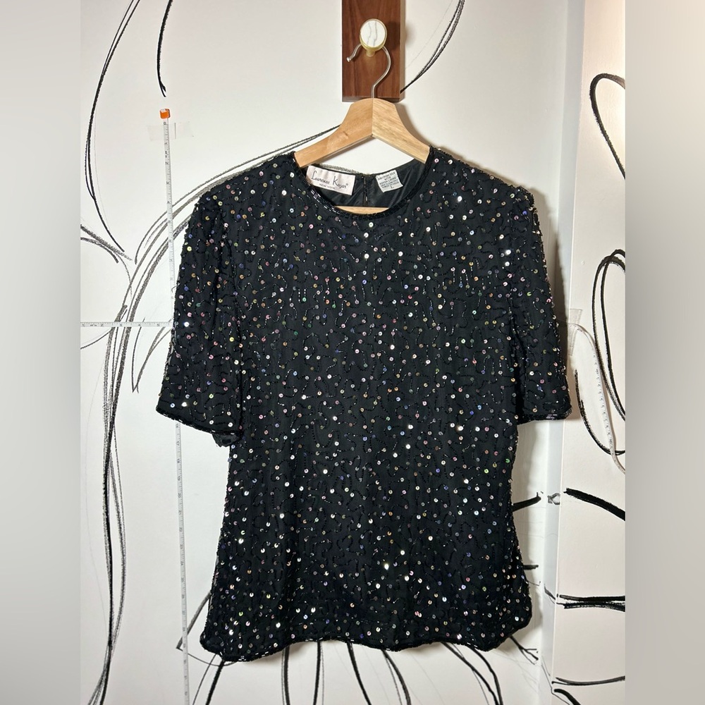 Laurence Kazar Women’s Elegant Black Sequin Short Sleeve Top 100% Silk Sz Large